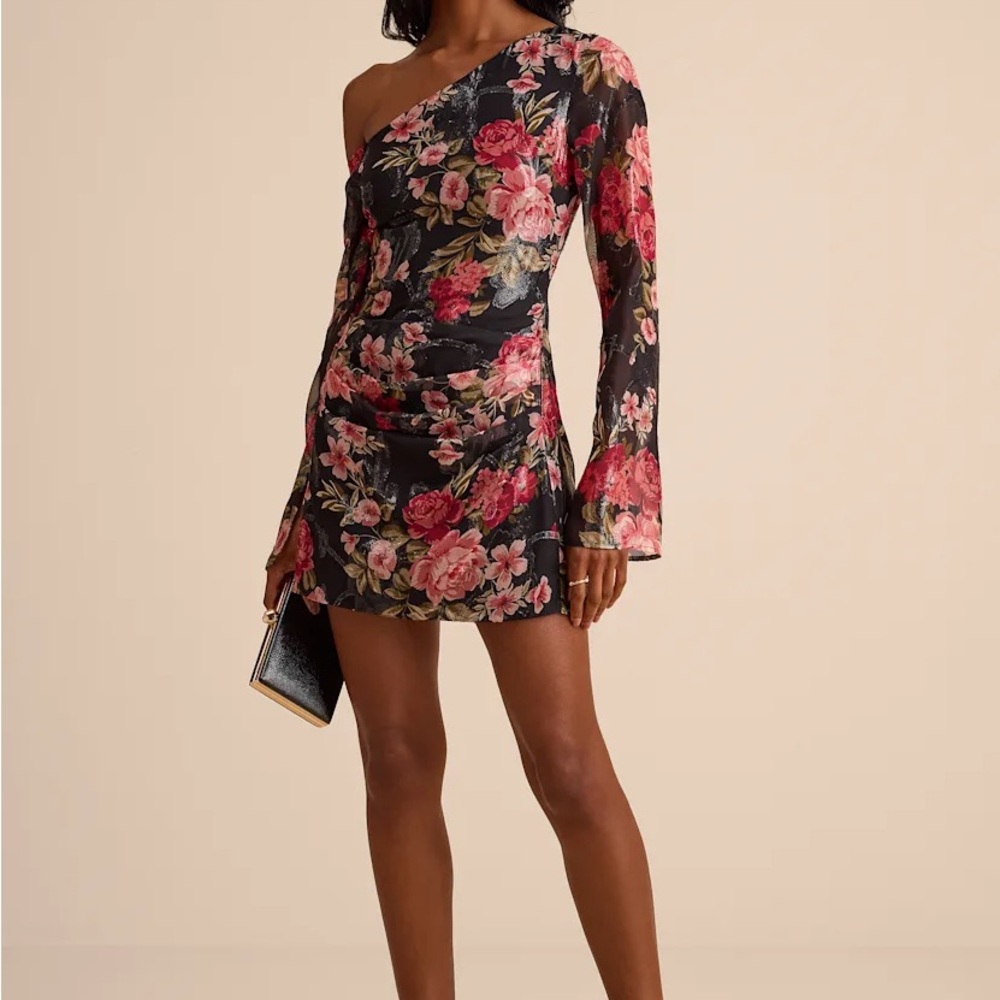 Lulus Aviora Black Floral Burnout One-Shoulder Long Sleeve Mini Dress